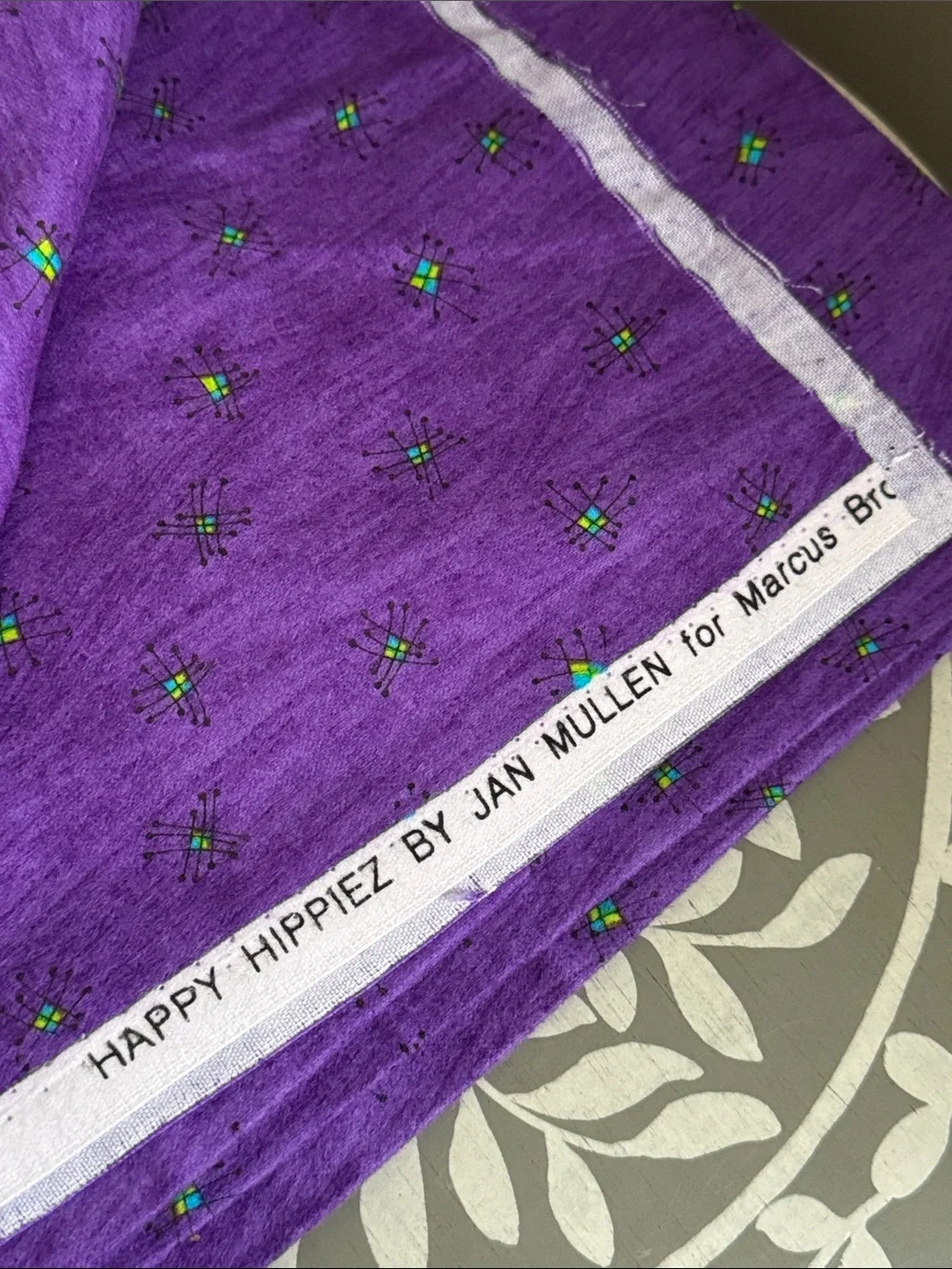 Purple Flannel Fabric Happy Hippiez by Jan Mullen Marcus Brothers 1.25 Yards